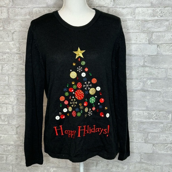 Happy Holiday’s Christmas sweater black with Christmas tree size L - Picture 1 of 4